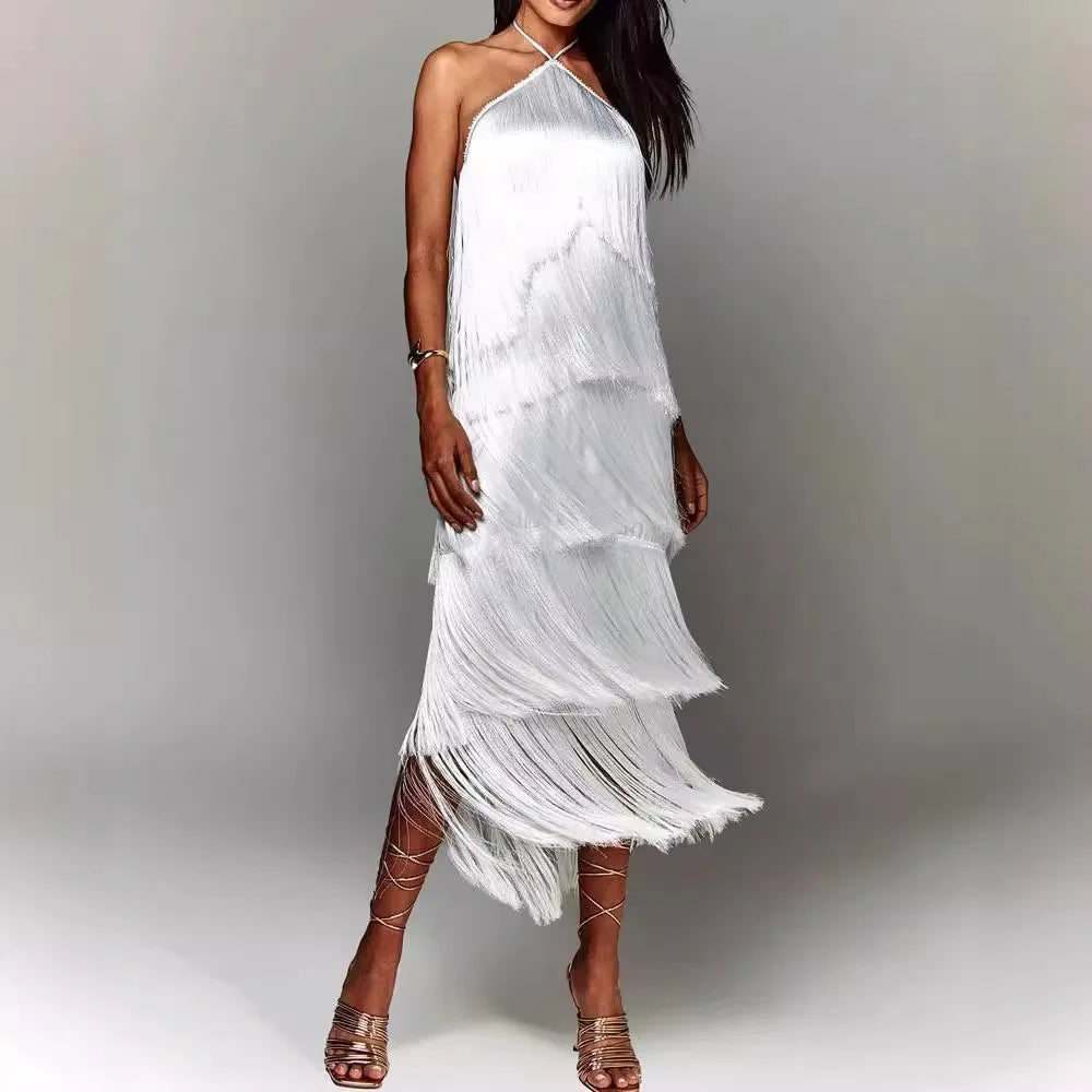 Halter Sleeveless Fringe Maxi Dress