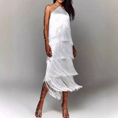 Halter Sleeveless Fringe Maxi Dress