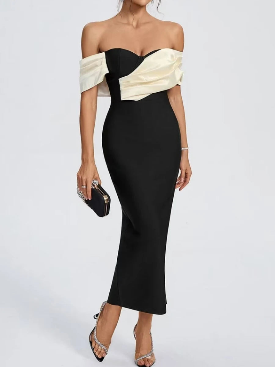Elegant Off-Shoulder Contrast Maxi Dress