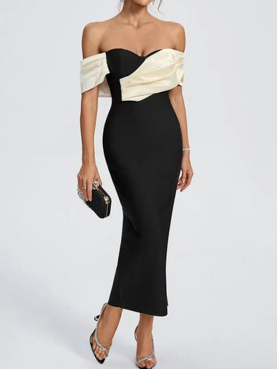 Elegant Off-Shoulder Contrast Maxi Dress