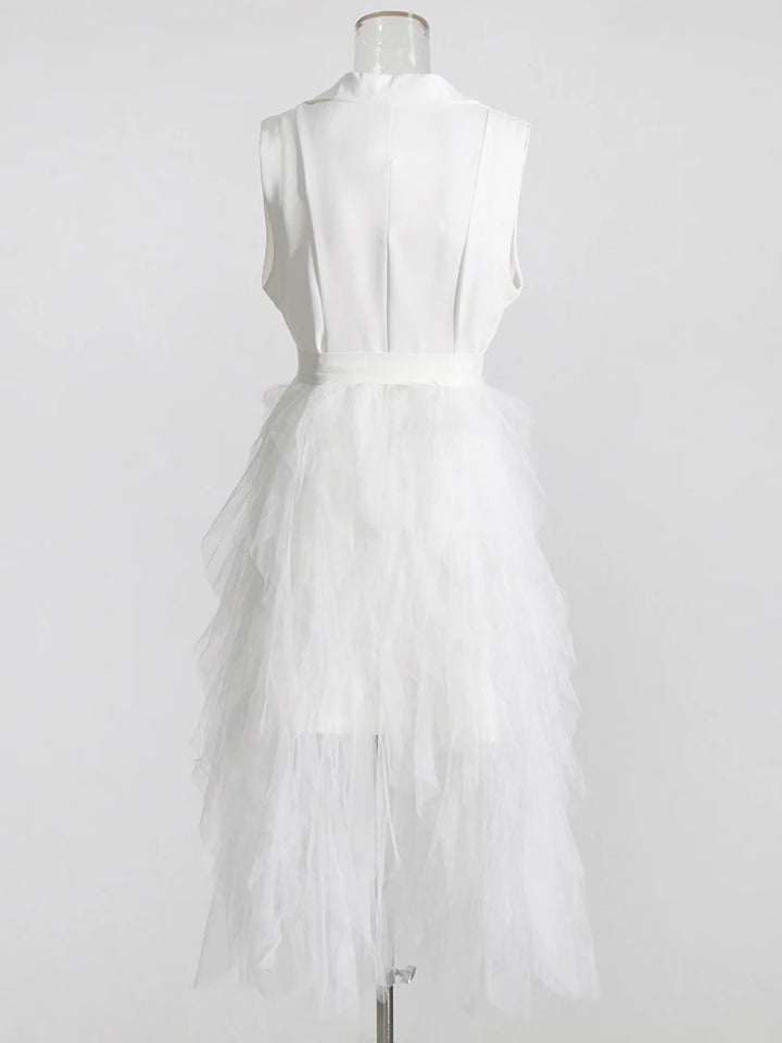 Tyla Notched Collar Sleeveless High Waist Patchwork Mesh Dress