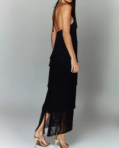 Halter Sleeveless Fringe Maxi Dress