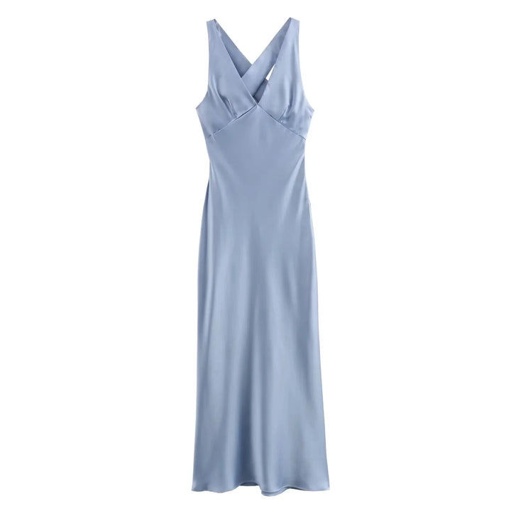 Criss Cross Back Sleeveless Satin Midi Dress