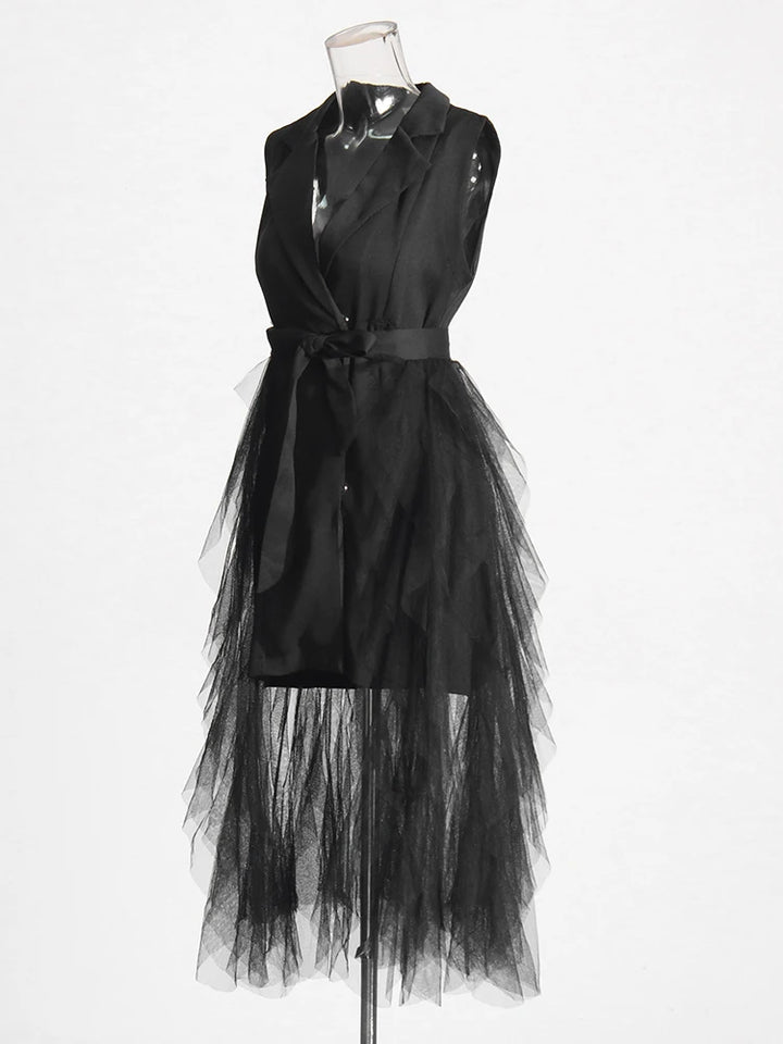 Tyla Notched Collar Sleeveless High Waist Patchwork Mesh Dress