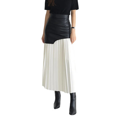 Symphony Color Block Pleated Faux Leather Mid Skirt