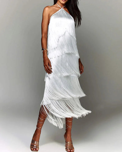 Halter Sleeveless Fringe Maxi Dress