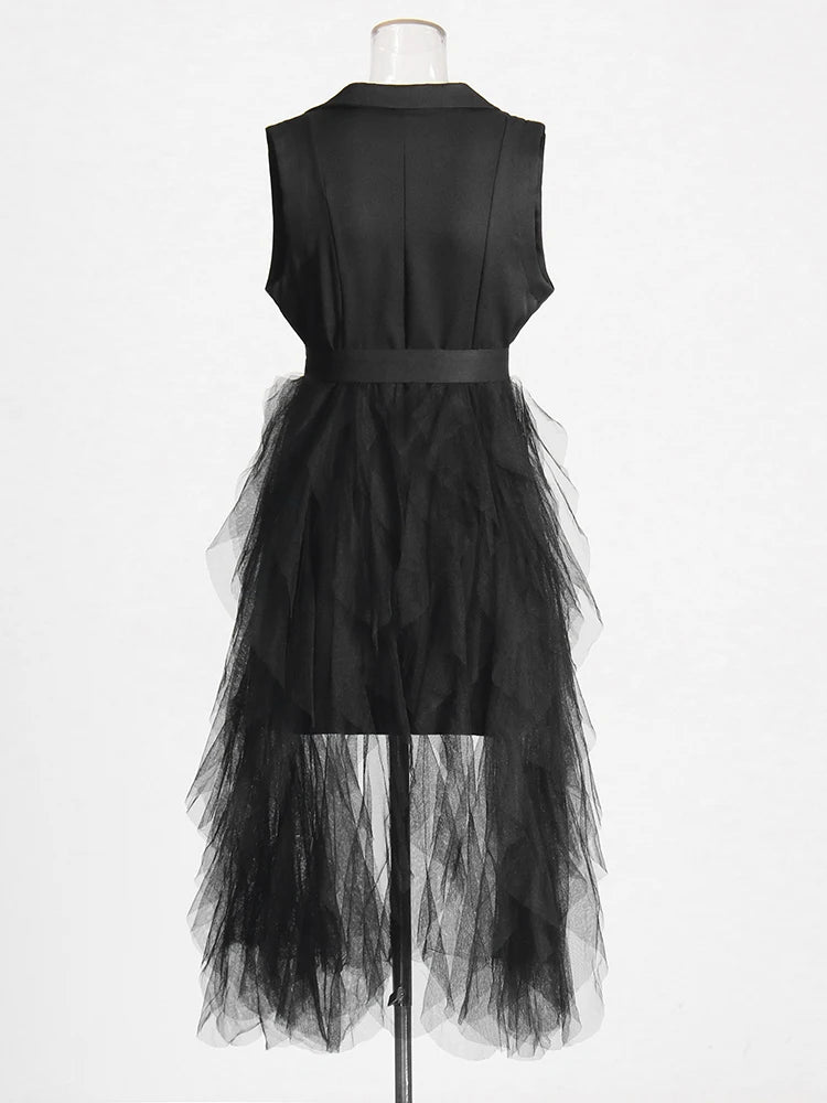 Tyla Notched Collar Sleeveless High Waist Patchwork Mesh Dress