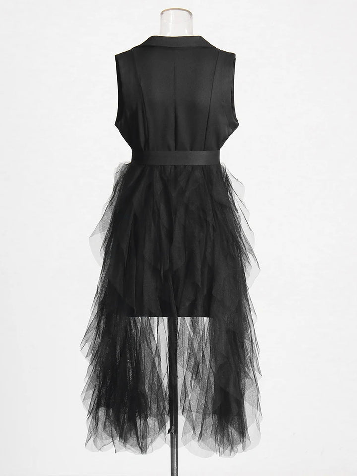 Tyla Notched Collar Sleeveless High Waist Patchwork Mesh Dress