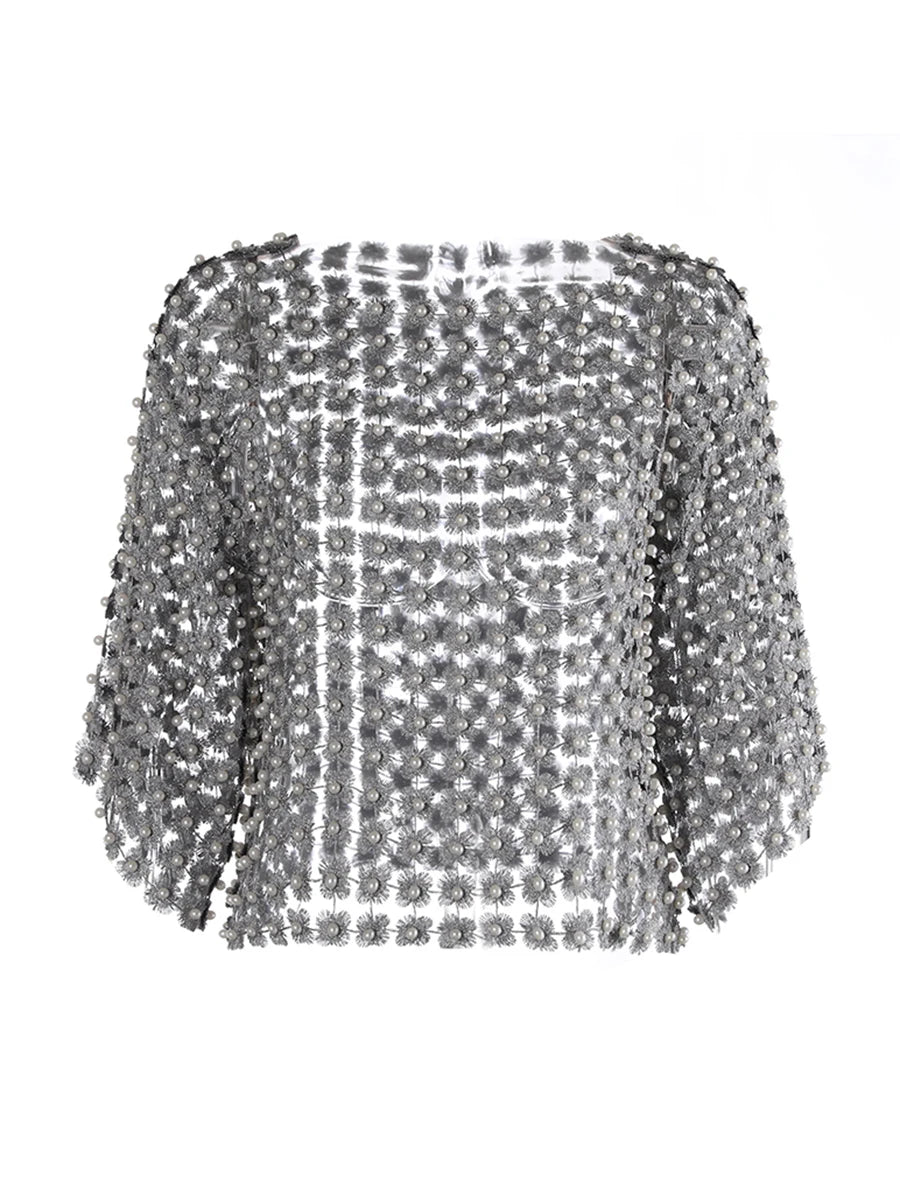 Gloria Hollow Out Pearls T Shirts