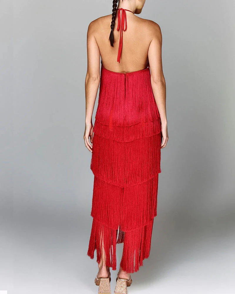 Halter Sleeveless Fringe Maxi Dress
