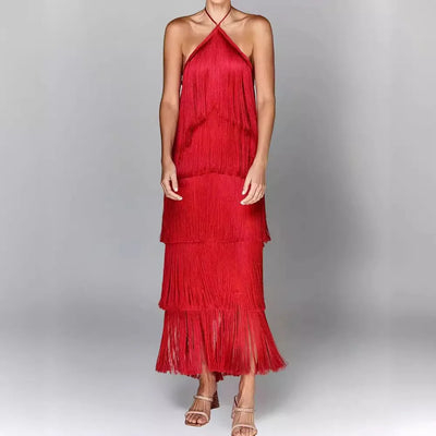 Halter Sleeveless Fringe Maxi Dress