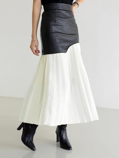 Symphony Color Block Pleated Faux Leather Mid Skirt