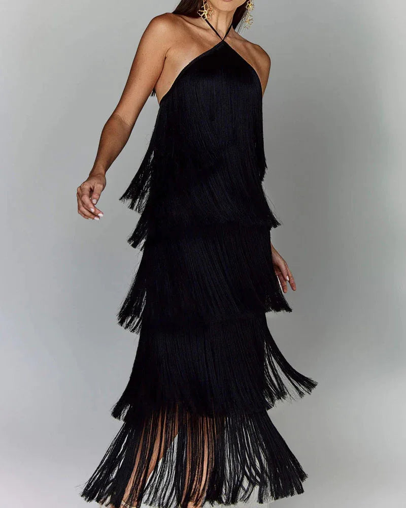 Halter Sleeveless Fringe Maxi Dress