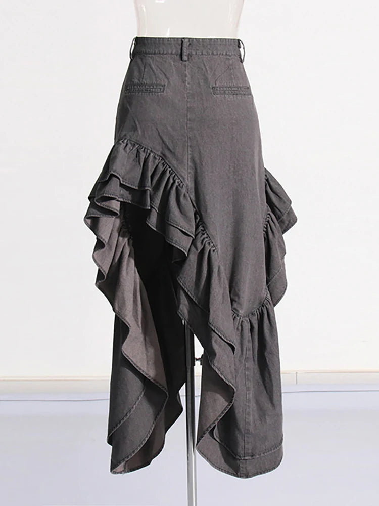 High Waist Ruffle Denim Skirt