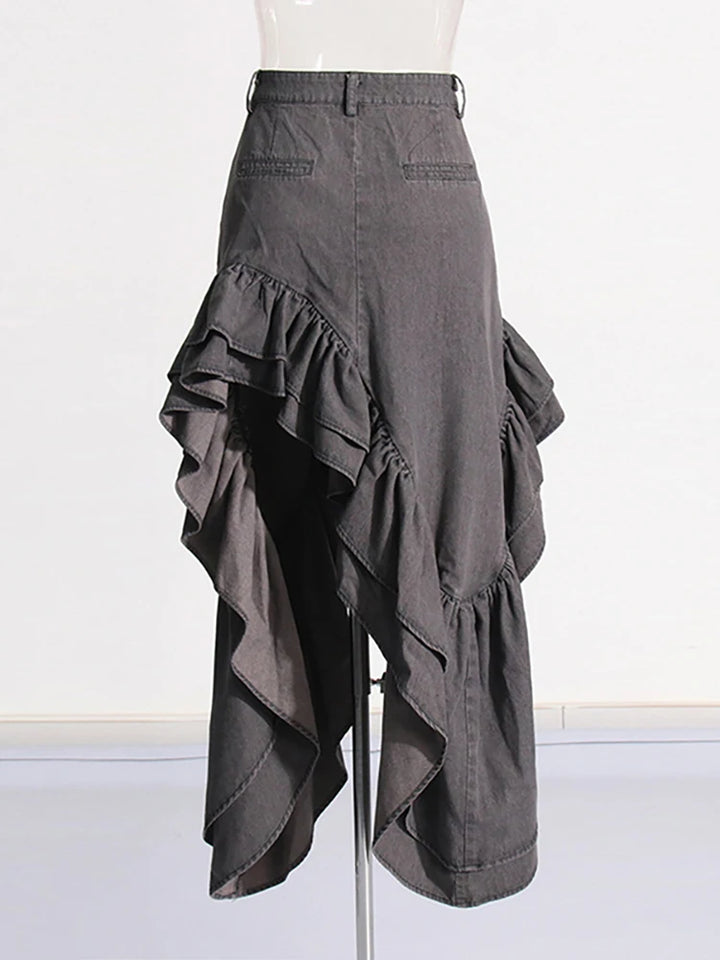 High Waist Ruffle Denim Skirt