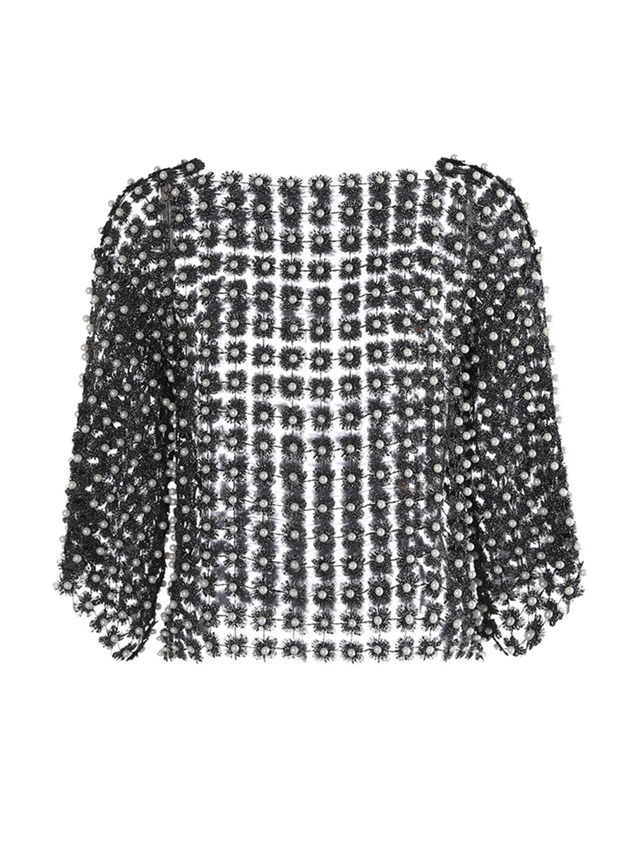 Gloria Hollow Out Pearls T Shirts