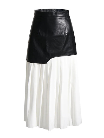 Symphony Color Block Pleated Faux Leather Mid Skirt