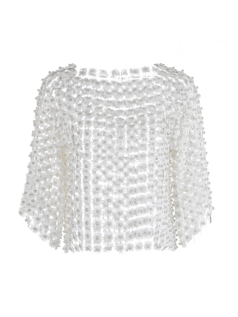 Gloria Hollow Out Pearls T Shirts