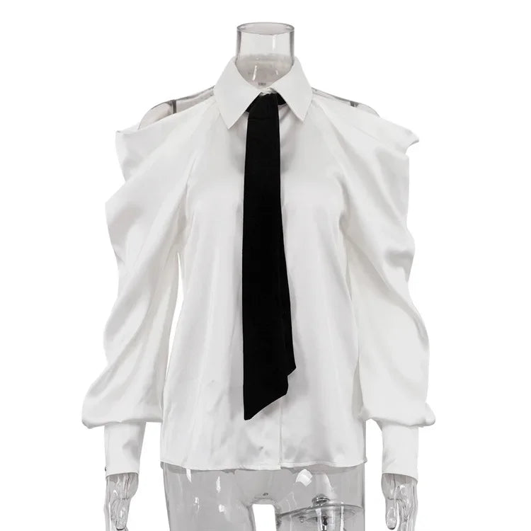 Cold-Shoulder Satin Tie Blouse