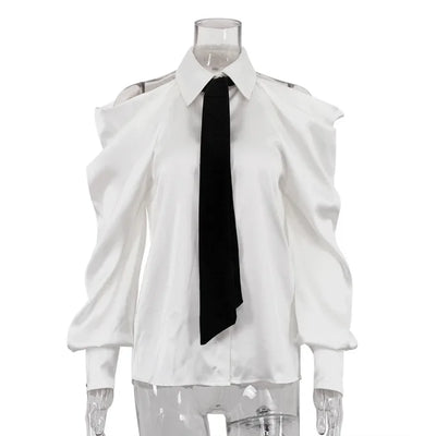 Cold-Shoulder Satin Tie Blouse