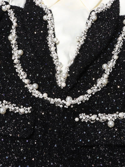 Glamour Noir Pearl-Trim Blazer Dress