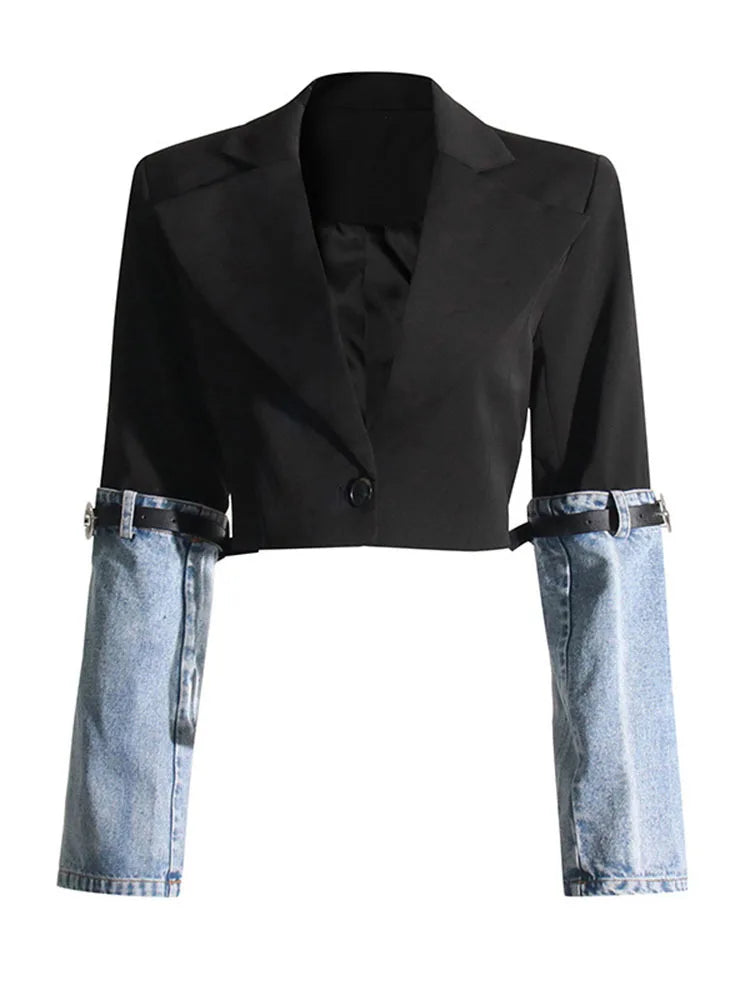 Spliced Denim Button-Fly Blazer