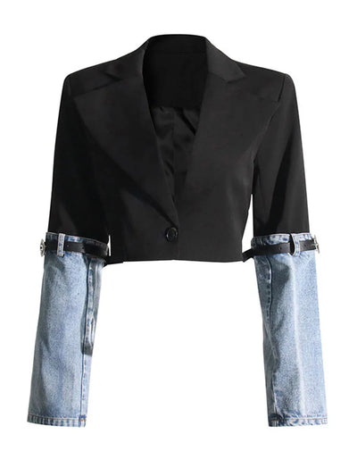 Spliced Denim Button-Fly Blazer