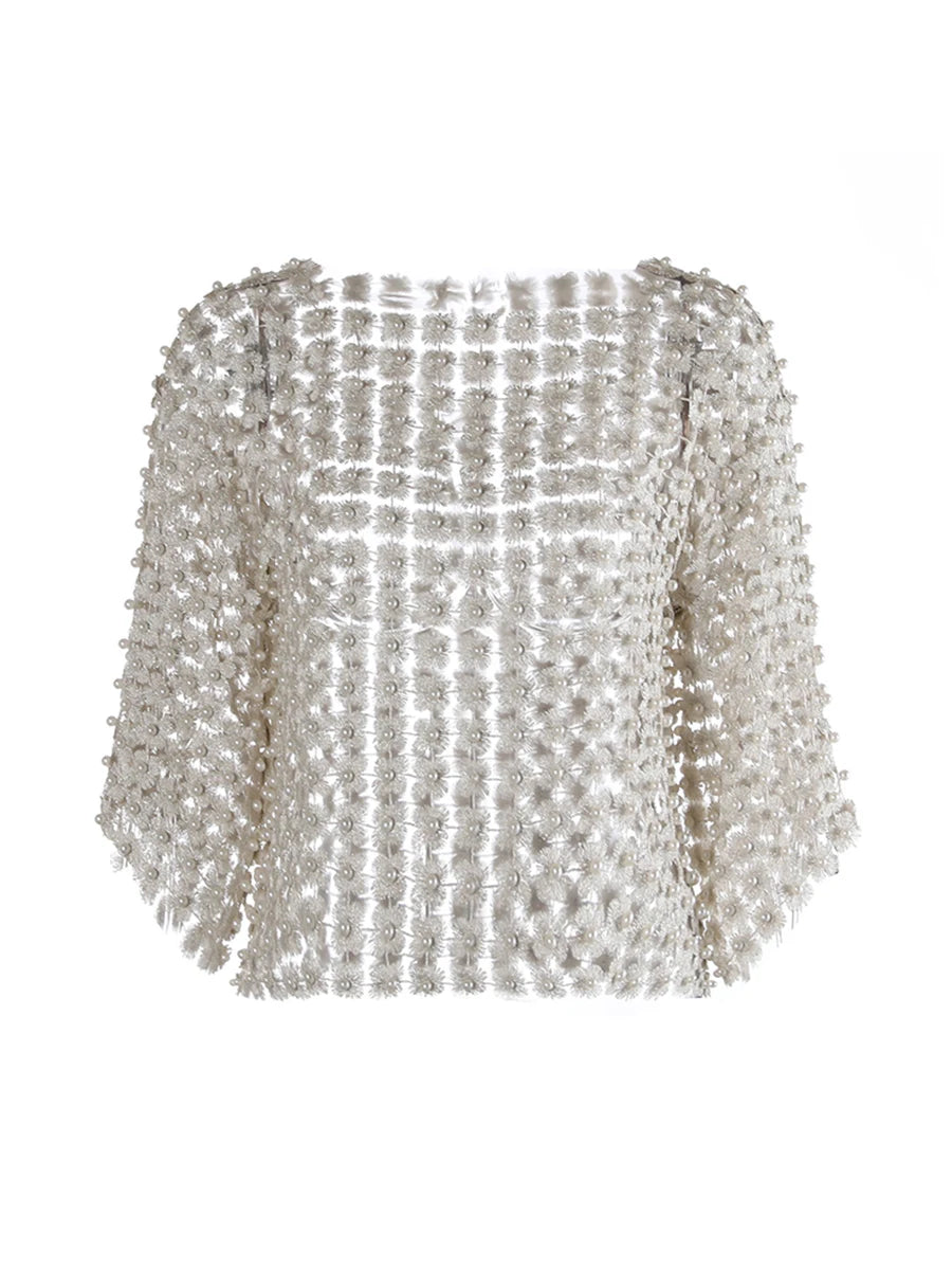 Gloria Hollow Out Pearls T Shirts
