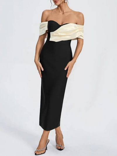 Elegant Off-Shoulder Contrast Maxi Dress