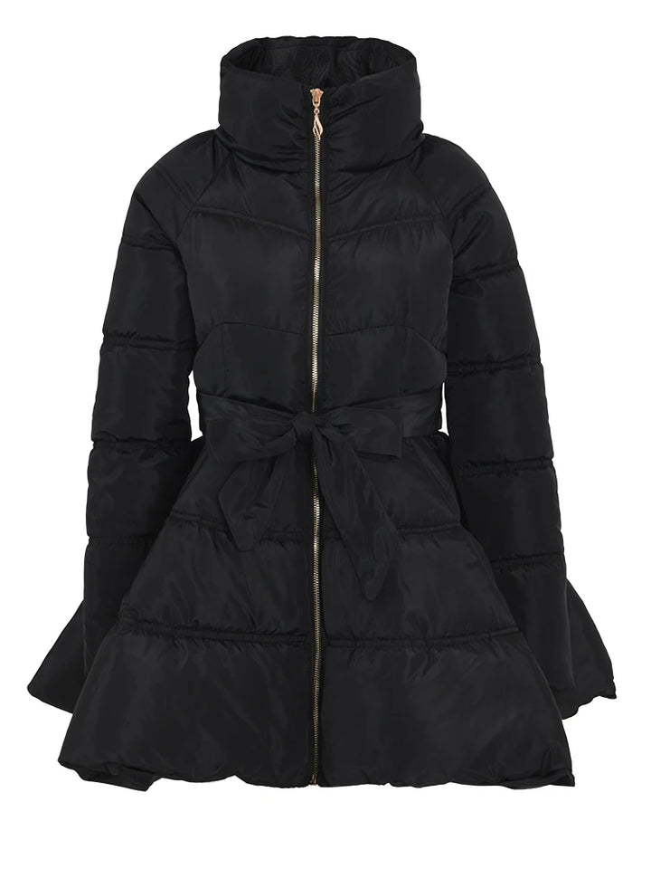 Joyus Fashion Zip Up Bow Tie Waist Puffer Jacket