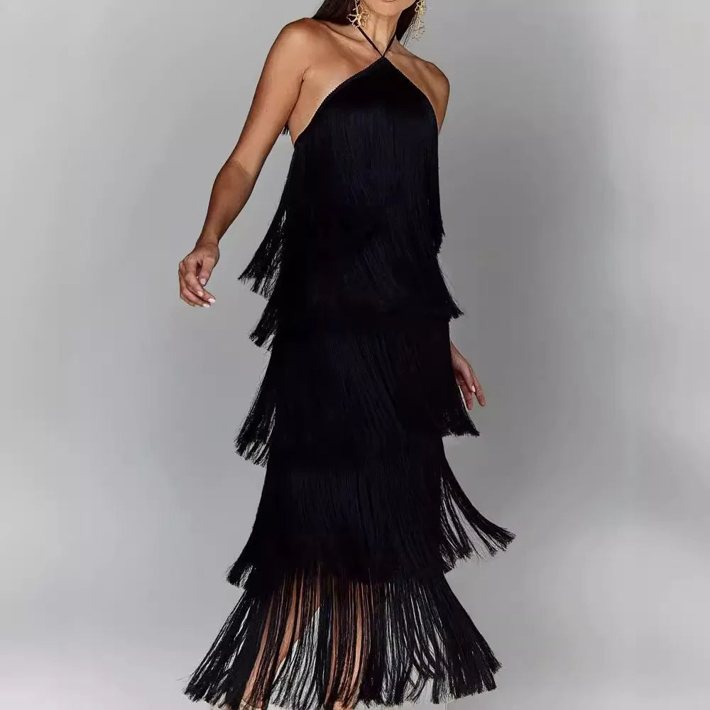 Halter Sleeveless Fringe Maxi Dress
