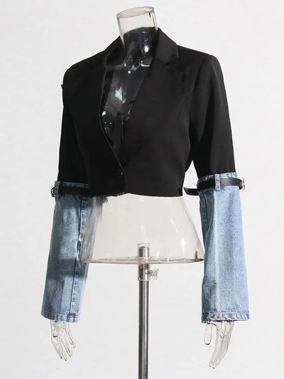 Spliced Denim Button-Fly Blazer