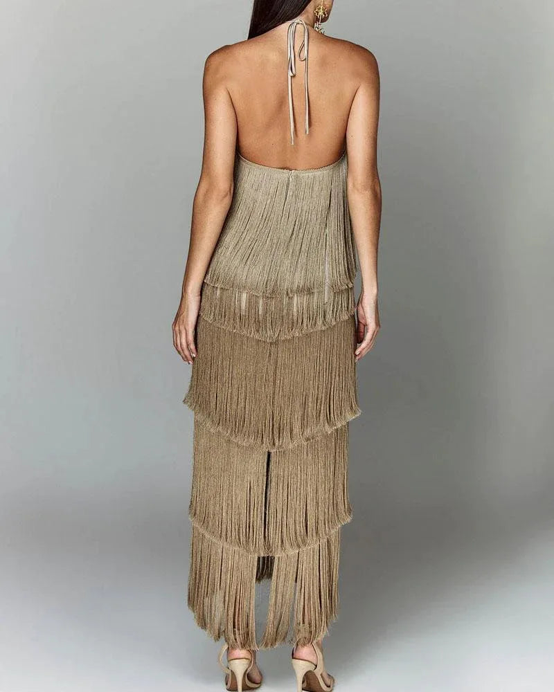 Halter Sleeveless Fringe Maxi Dress