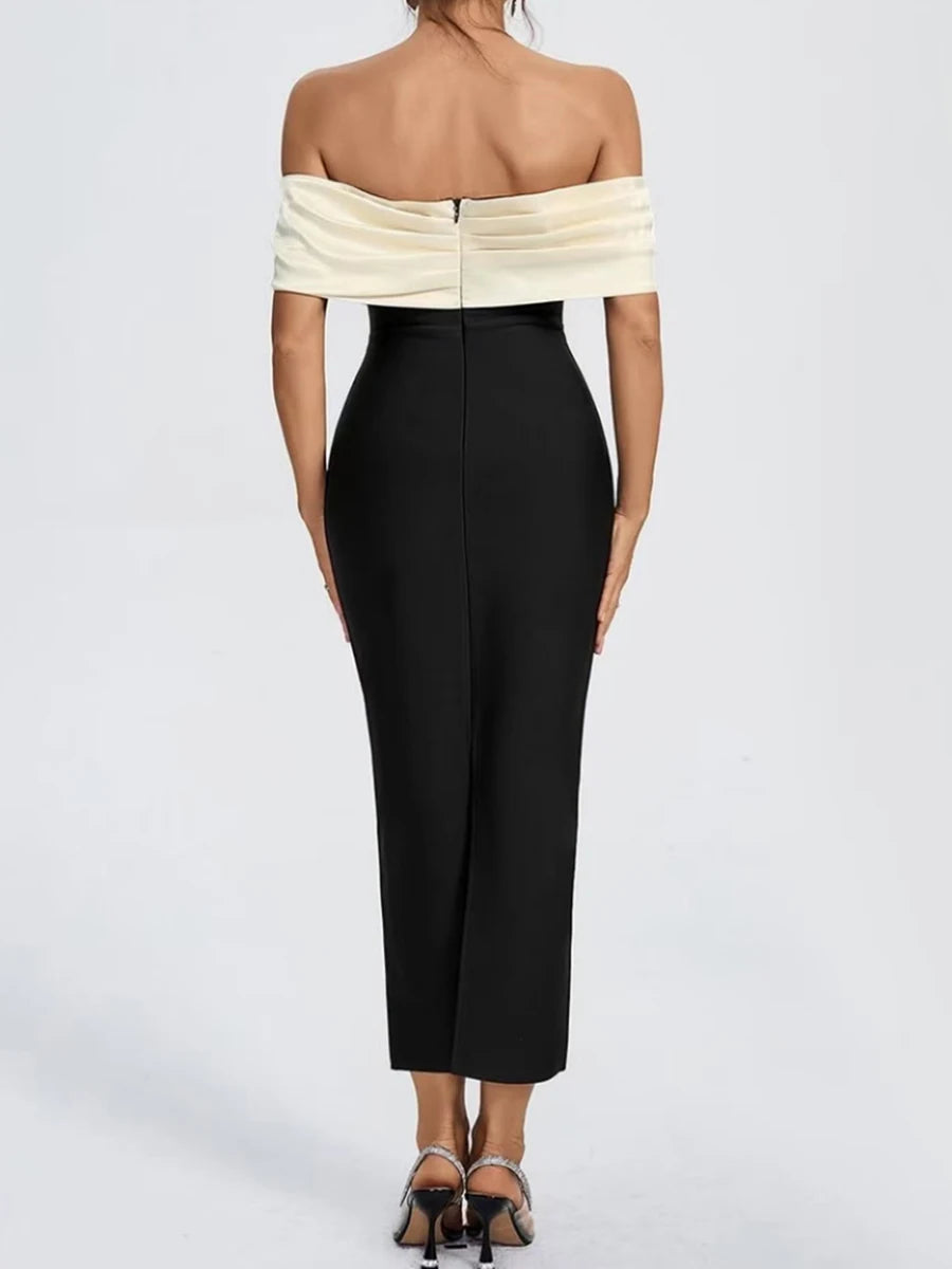 Elegant Off-Shoulder Contrast Maxi Dress