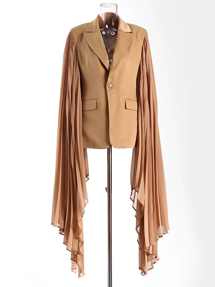 Khaki Pleated Ruffles Sleeve Blazer