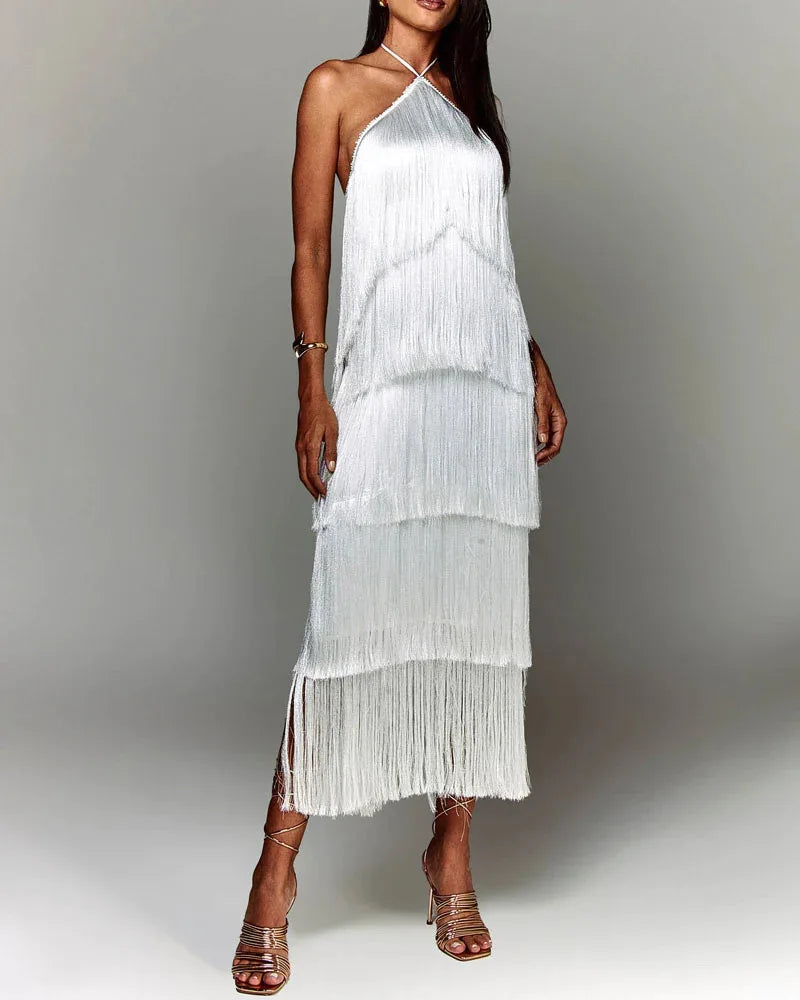 Halter Sleeveless Fringe Maxi Dress