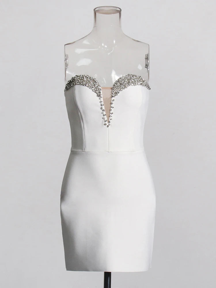 White Rhinestone Strapless Mini Dress