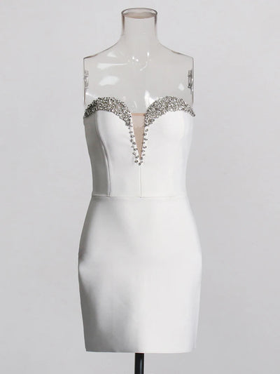 White Rhinestone Strapless Mini Dress