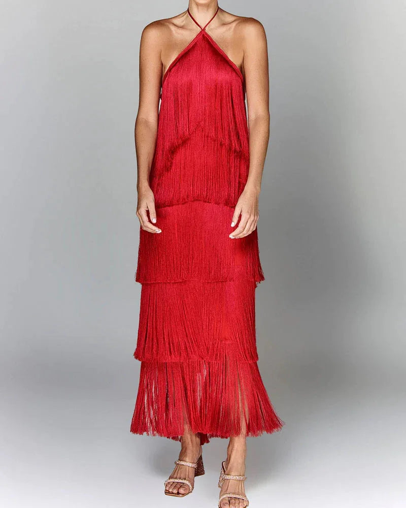Halter Sleeveless Fringe Maxi Dress