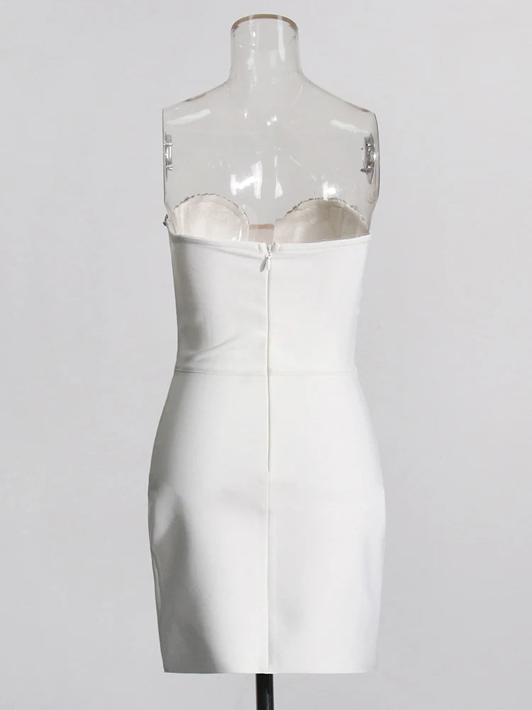 White Rhinestone Strapless Mini Dress