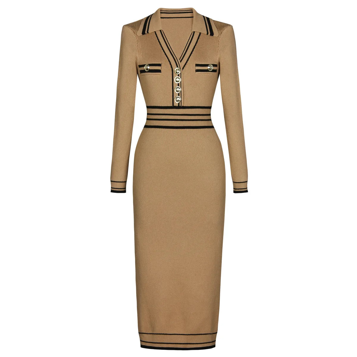 Camel Ribbed Knit Midi Dress