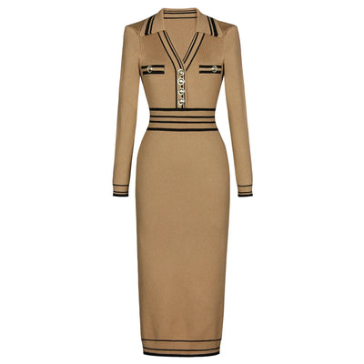 Camel Ribbed Knit Midi Dress
