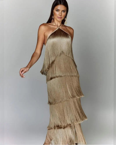 Halter Sleeveless Fringe Maxi Dress