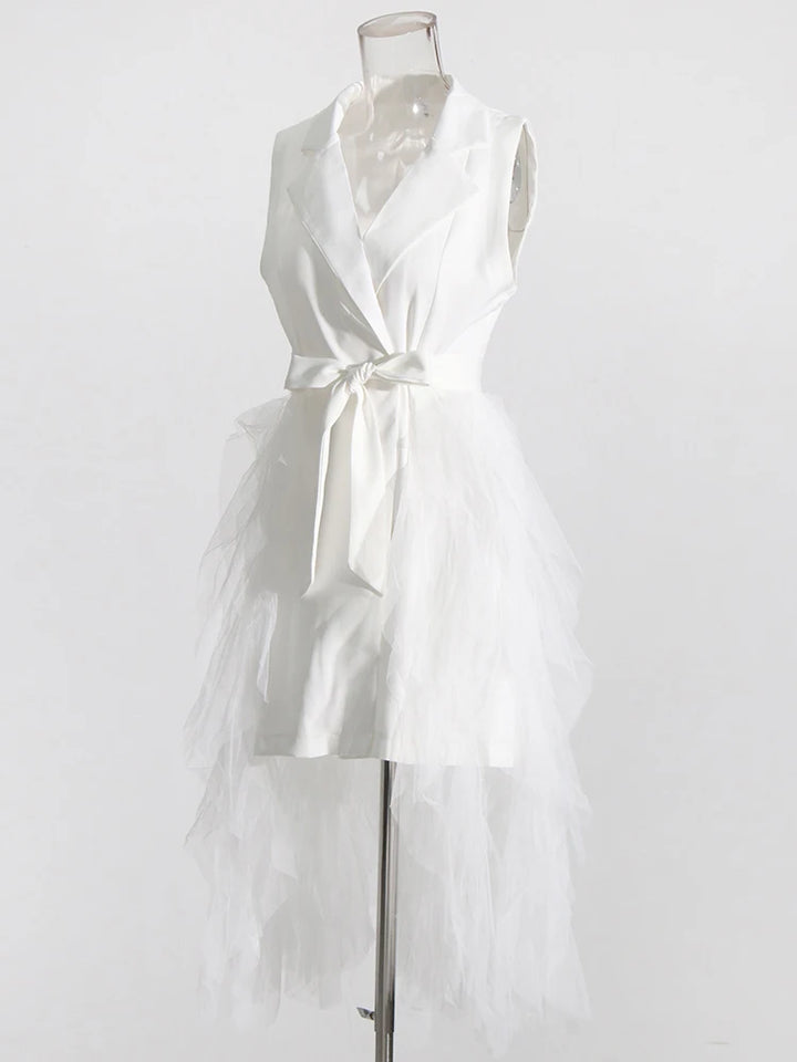 Tyla Notched Collar Sleeveless High Waist Patchwork Mesh Dress