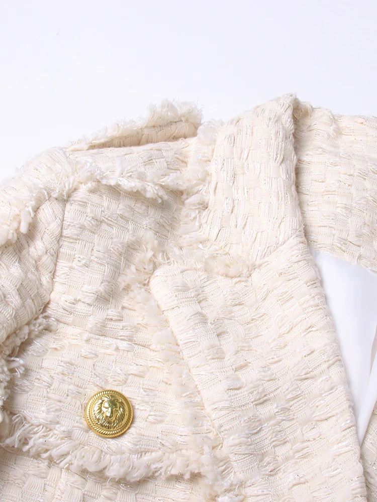 Chic Cream Textured Blazer & Skirt Set