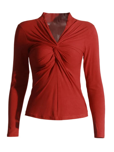 Solid Twist FrontV Neck Long Sleeve Shirt