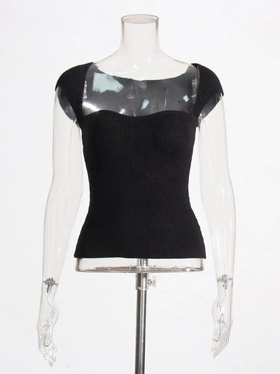 Black Short Sleeve Square Collar Top