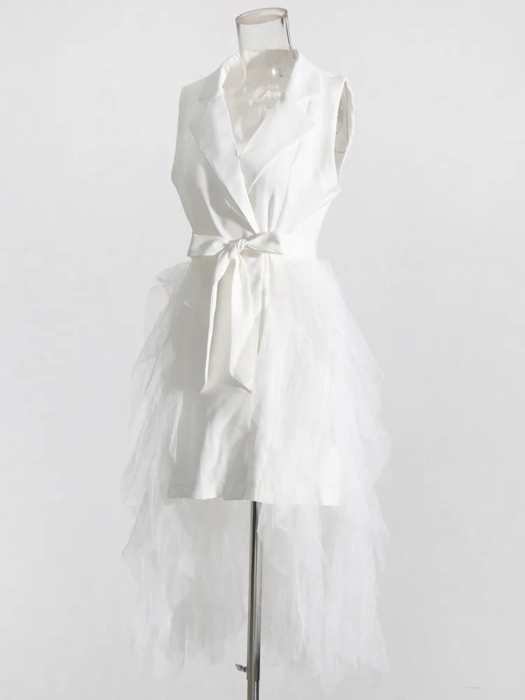 Tyla Notched Collar Sleeveless High Waist Patchwork Mesh Dress
