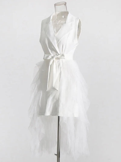 Tyla Notched Collar Sleeveless High Waist Patchwork Mesh Dress