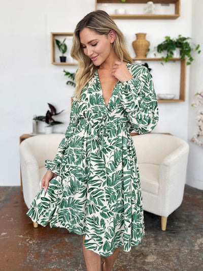 Double Take Full Size Printed Ruched Balloon Sleeve Dress